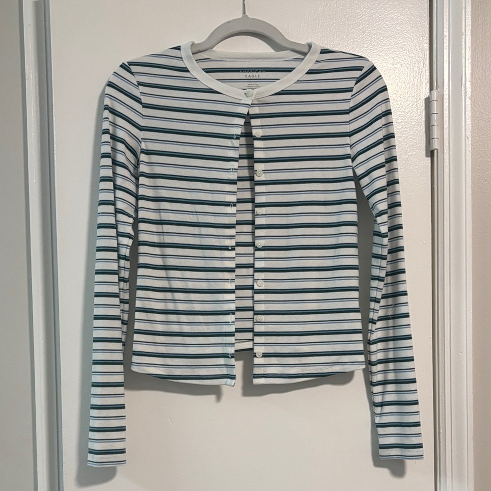 American Eagle Outfitters Blue and Green Striped Button-Up Cardigan Size Small